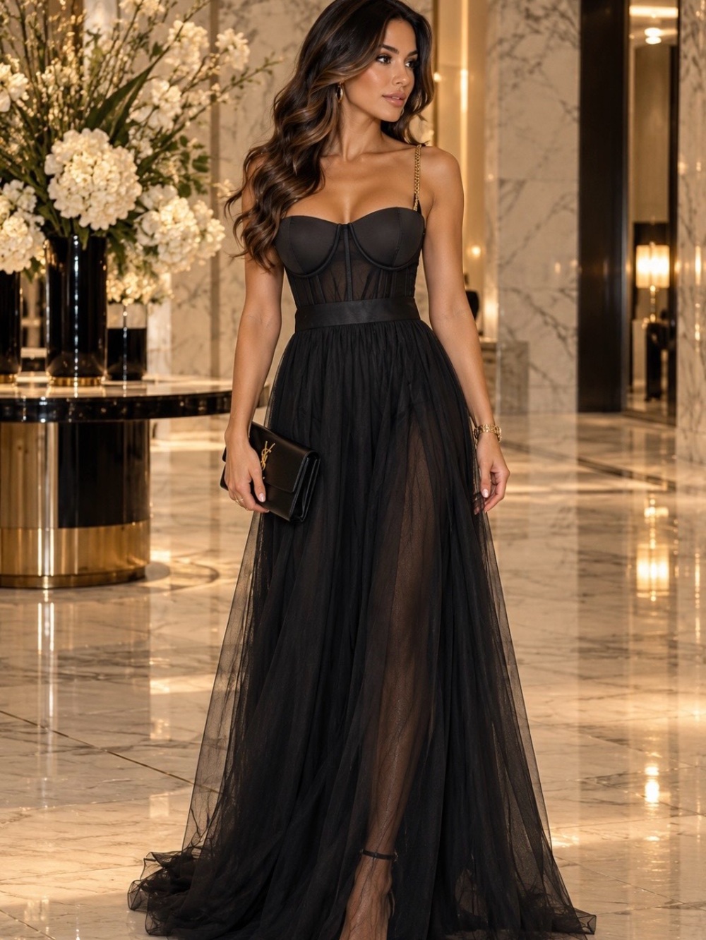 Steps NY Elegant Black Tulle Evening Gown - Strap Bodice sheer